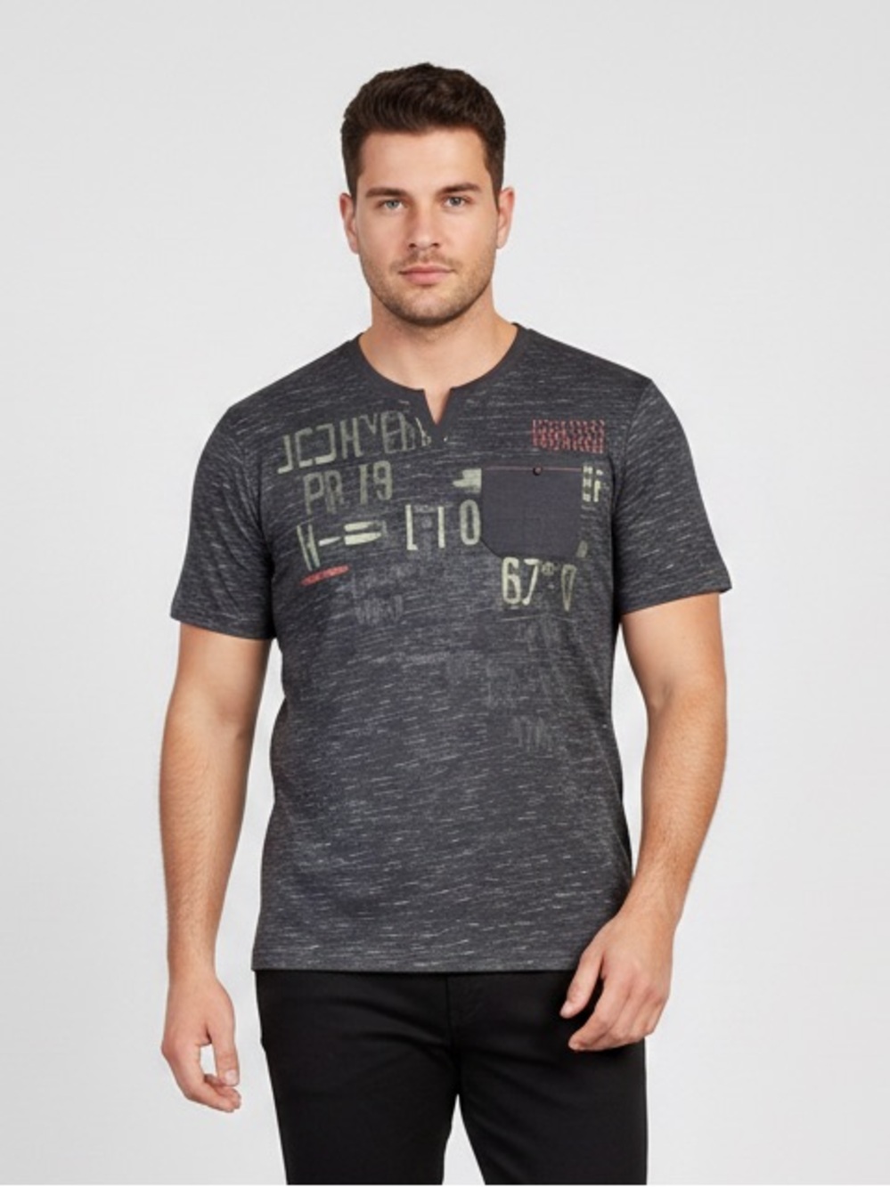 Projek Raw Men's XXL Graphic Henley Shirt Black Slub Knit Streetwear Cybercore